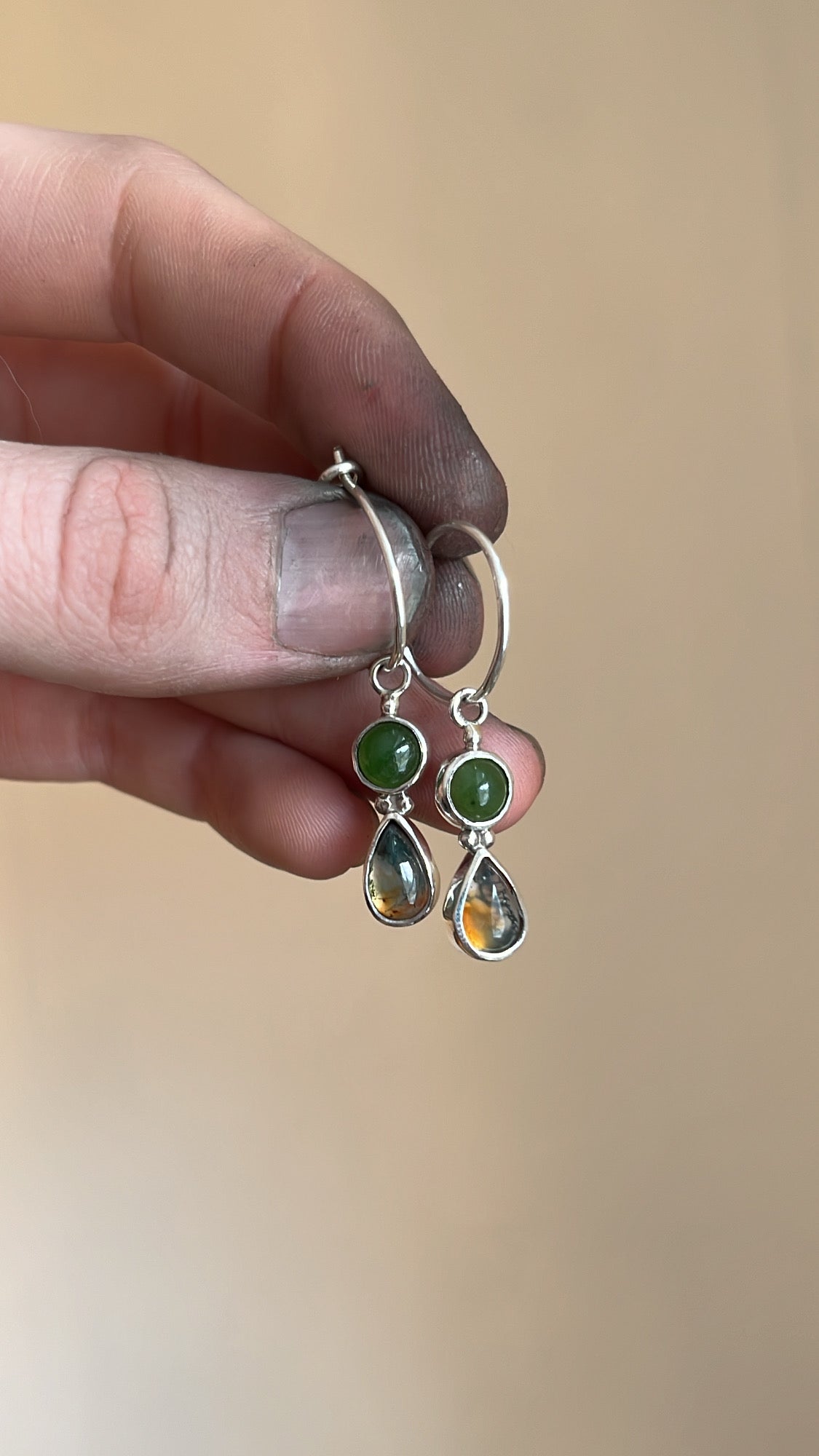 Moss Agate + Jade Danglers 1